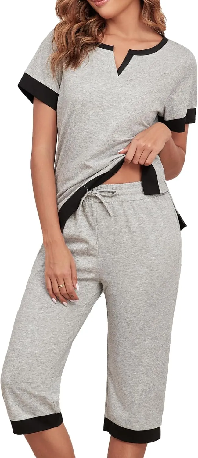 Cotton Pajama Sets For Women Soft Sleepwear 2 Pieces Lounge Set Comfy Top And Capri Pants With Pockets S-3XL