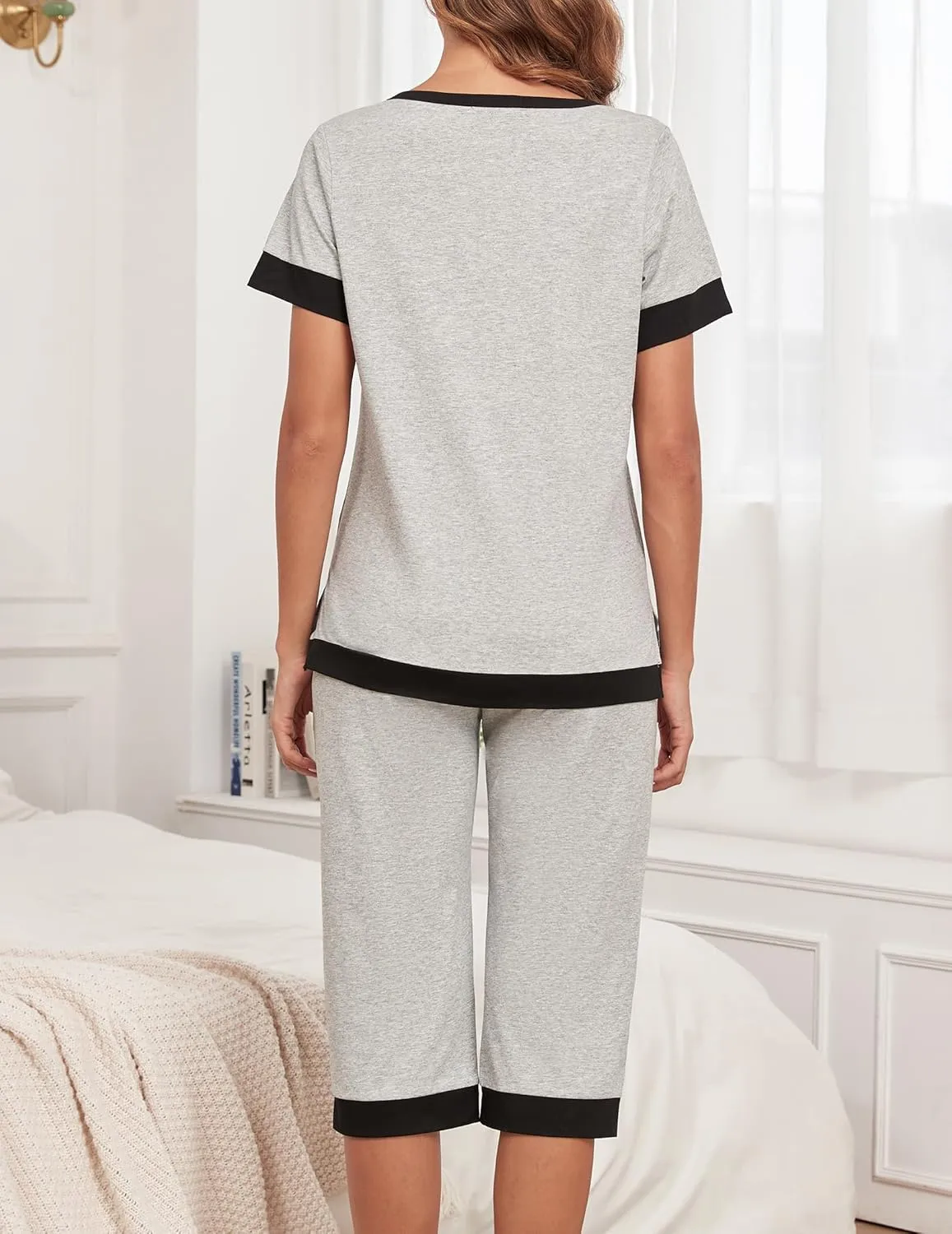 Cotton Pajama Sets For Women Soft Sleepwear 2 Pieces Lounge Set Comfy Top And Capri Pants With Pockets S-3XL