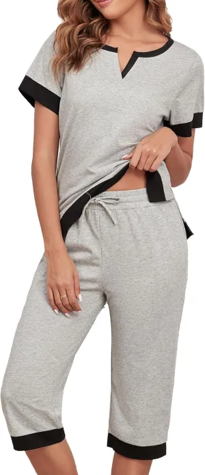 Cotton Pajama Sets For Women Soft Sleepwear 2 Pieces Lounge Set Comfy Top And Capri Pants With Pockets S-3XL