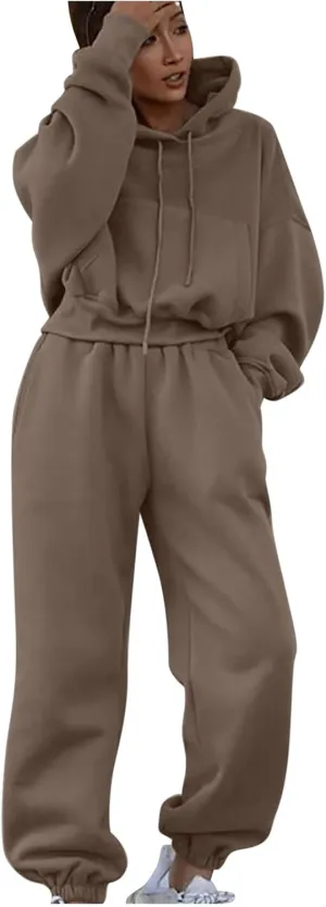 Cropped Hoodies and Jogger Pants Set Women 2 Piece Fleece Lined Fall Outfits Trendy Tracksuits Comfy Sweatsuits