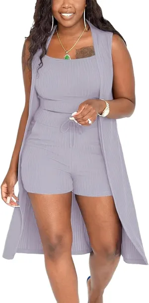 CROSTRITON 3 Piece Outfits for Women Crop Top Vest Cardigan and High Waist Shorts Ribbed Lounge Tracksuit Set