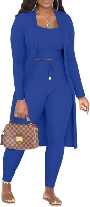 CROSTRITON Womens 3 Piece Outfits Ribbed Long Sleeve Cardigan Cover Up Crop Top Pants Tracksuits Set