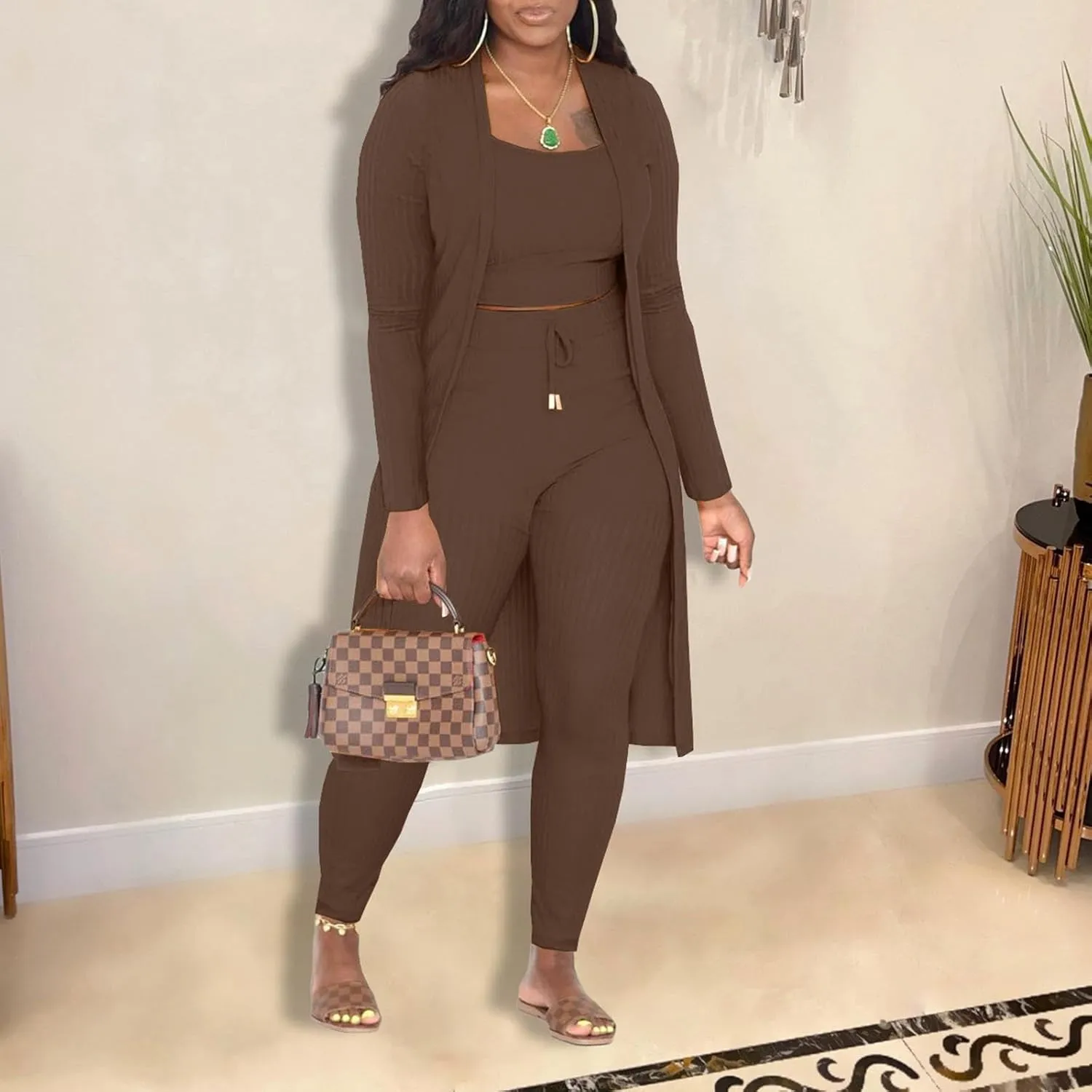 CROSTRITON Womens 3 Piece Outfits Ribbed Long Sleeve Cardigan Cover Up Crop Top Pants Tracksuits Set