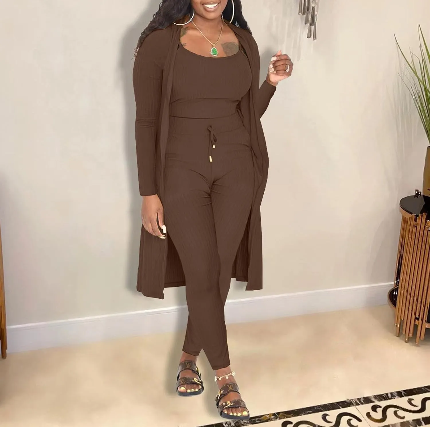 CROSTRITON Womens 3 Piece Outfits Ribbed Long Sleeve Cardigan Cover Up Crop Top Pants Tracksuits Set