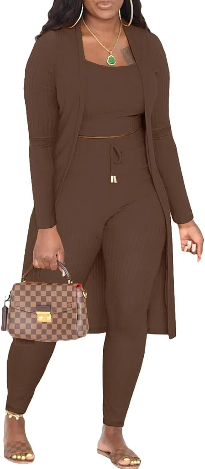 CROSTRITON Womens 3 Piece Outfits Ribbed Long Sleeve Cardigan Cover Up Crop Top Pants Tracksuits Set
