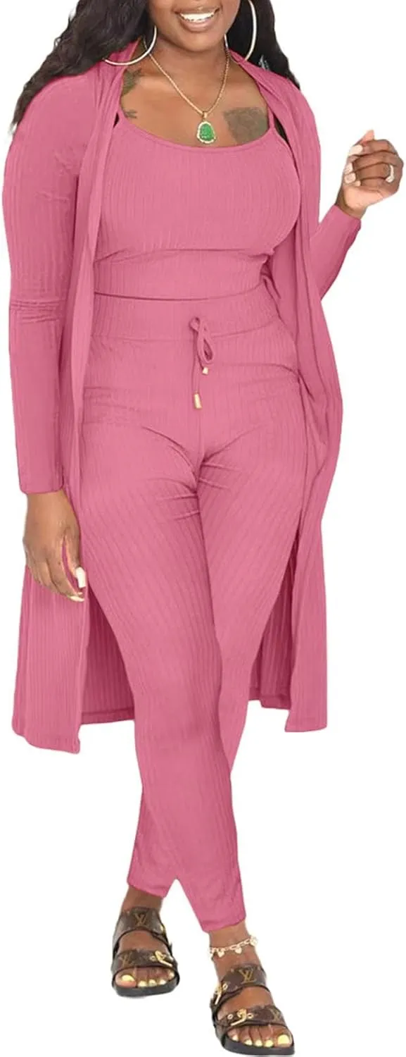CROSTRITON Womens 3 Piece Outfits Ribbed Long Sleeve Cardigan Cover Up Crop Top Pants Tracksuits Set