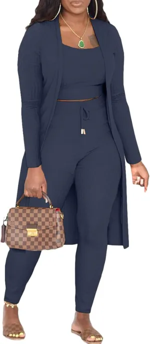 CROSTRITON Womens 3 Piece Outfits Ribbed Long Sleeve Cardigan Cover Up Crop Top Pants Tracksuits Set