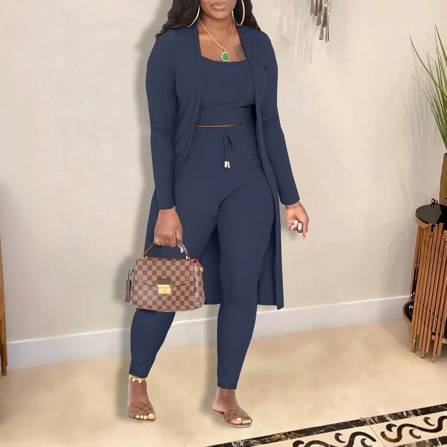 CROSTRITON Womens 3 Piece Outfits Ribbed Long Sleeve Cardigan Cover Up Crop Top Pants Tracksuits Set