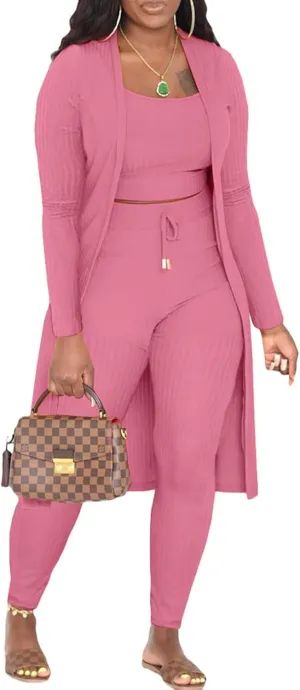 CROSTRITON Womens 3 Piece Outfits Ribbed Long Sleeve Cardigan Cover Up Crop Top Pants Tracksuits Set