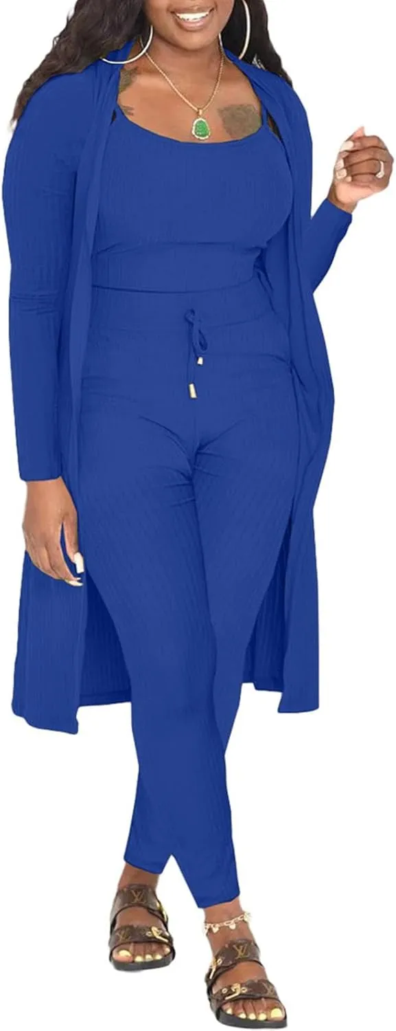 CROSTRITON Womens 3 Piece Outfits Ribbed Long Sleeve Cardigan Cover Up Crop Top Pants Tracksuits Set