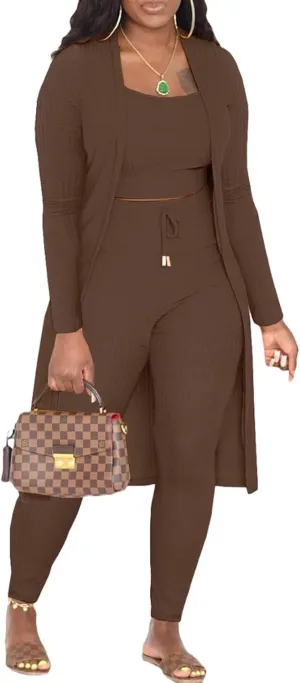 CROSTRITON Womens 3 Piece Outfits Ribbed Long Sleeve Cardigan Cover Up Crop Top Pants Tracksuits Set