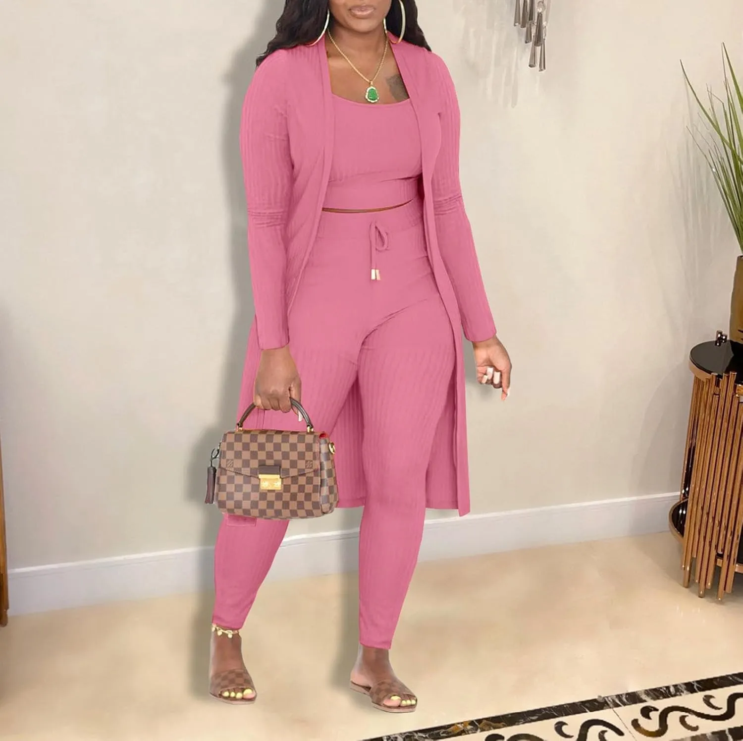 CROSTRITON Womens 3 Piece Outfits Ribbed Long Sleeve Cardigan Cover Up Crop Top Pants Tracksuits Set