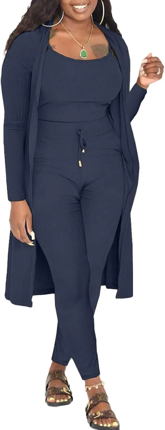 CROSTRITON Womens 3 Piece Outfits Ribbed Long Sleeve Cardigan Cover Up Crop Top Pants Tracksuits Set