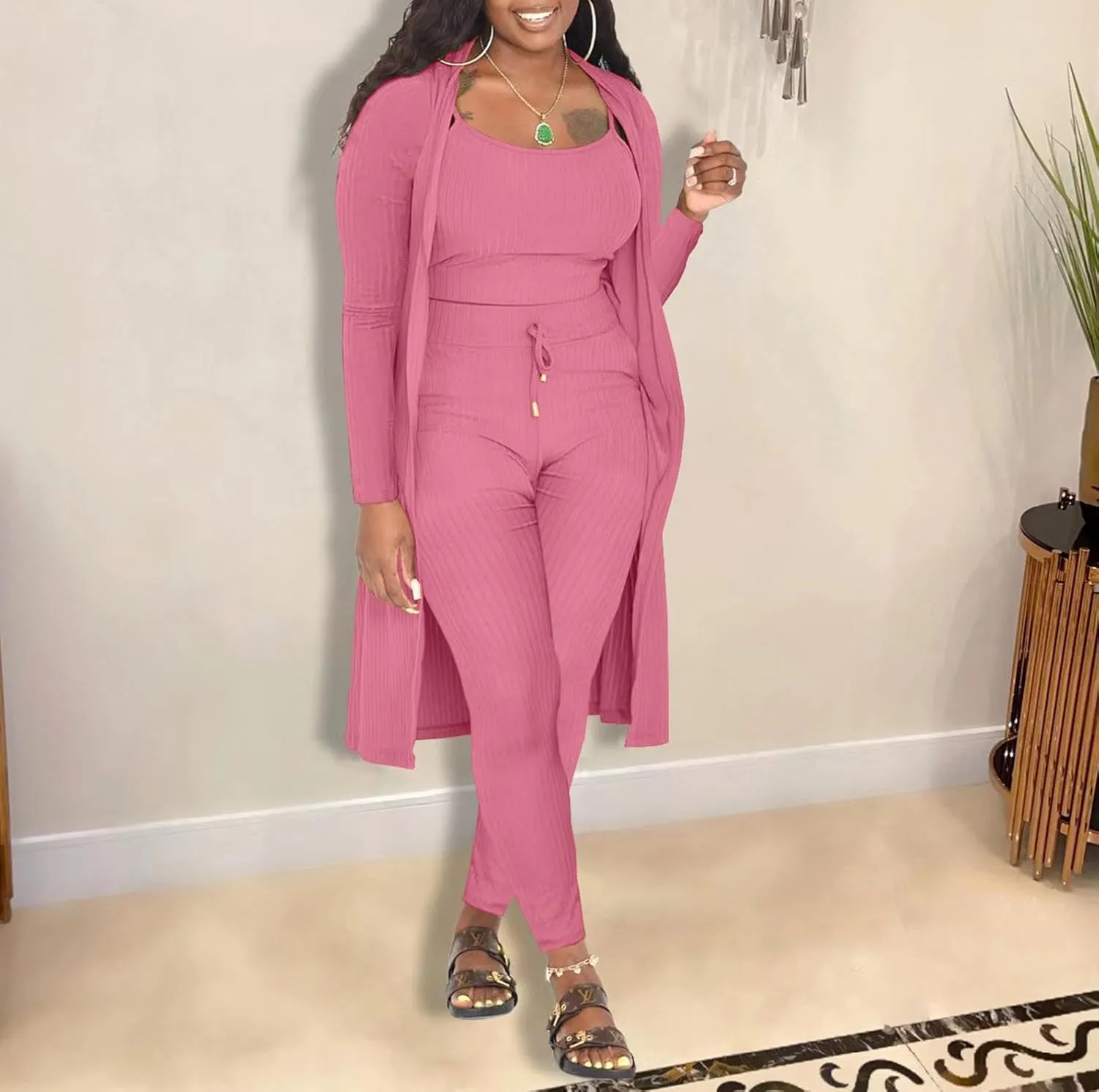 CROSTRITON Womens 3 Piece Outfits Ribbed Long Sleeve Cardigan Cover Up Crop Top Pants Tracksuits Set