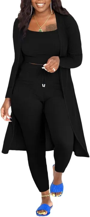 CROSTRITON Womens 3 Piece Outfits Ribbed Long Sleeve Cardigan Cover Up Crop Top Pants Tracksuits Set