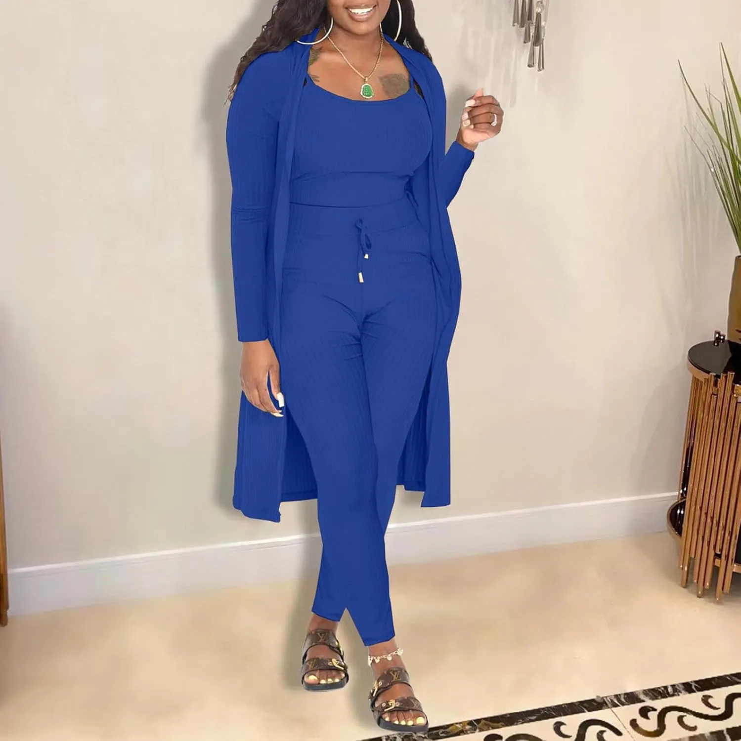 CROSTRITON Womens 3 Piece Outfits Ribbed Long Sleeve Cardigan Cover Up Crop Top Pants Tracksuits Set