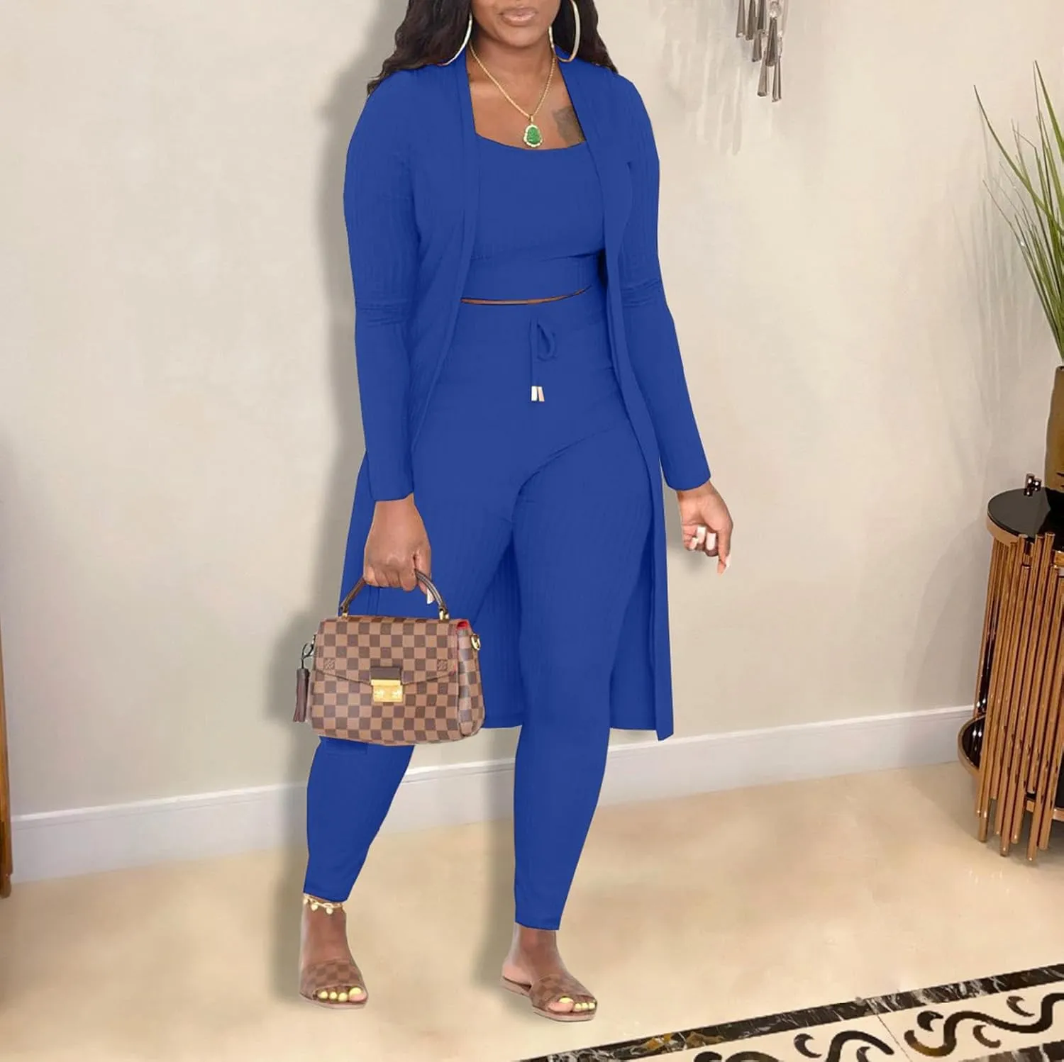 CROSTRITON Womens 3 Piece Outfits Ribbed Long Sleeve Cardigan Cover Up Crop Top Pants Tracksuits Set