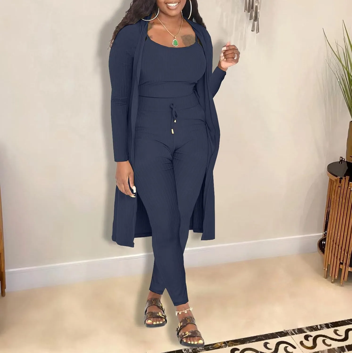 CROSTRITON Womens 3 Piece Outfits Ribbed Long Sleeve Cardigan Cover Up Crop Top Pants Tracksuits Set