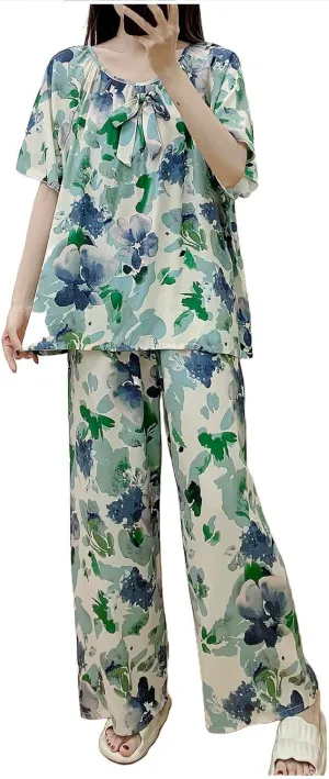 Cute Bow Tie Pajama Set for Women Loose Fit 2 Piece Lounge Outfit Fashion Print Short Sleeve T Shirt and Pants Sets