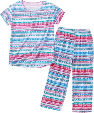 Cute Pajama Set for Women 2 Piece Print Lounge Set Soft Short Sleeve Pjs Capri Pants Sleepwear Casual Loungewear Set