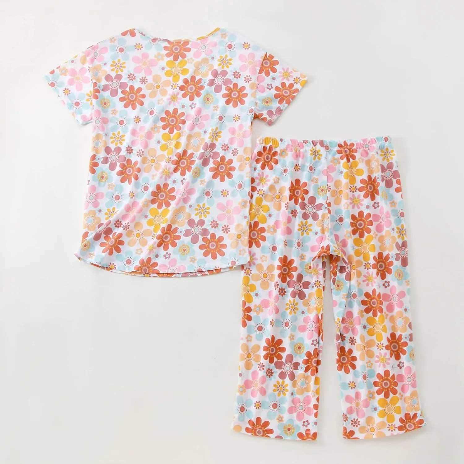 Cute Pajama Set for Women 2 Piece Print Lounge Set Soft Short Sleeve Pjs Capri Pants Sleepwear Casual Loungewear Set