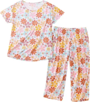 Cute Pajama Set for Women 2 Piece Print Lounge Set Soft Short Sleeve Pjs Capri Pants Sleepwear Casual Loungewear Set