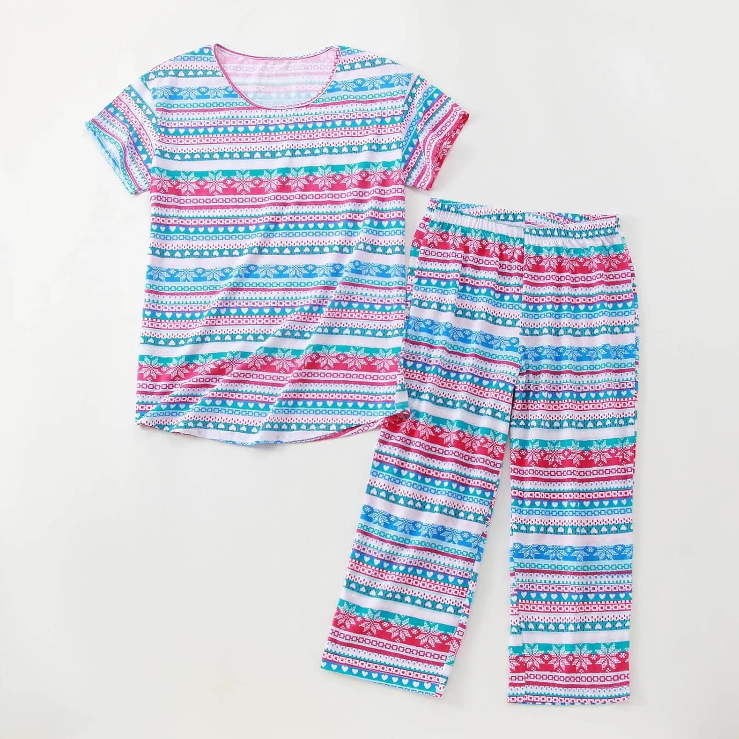 Cute Pajama Set for Women 2 Piece Print Lounge Set Soft Short Sleeve Pjs Capri Pants Sleepwear Casual Loungewear Set