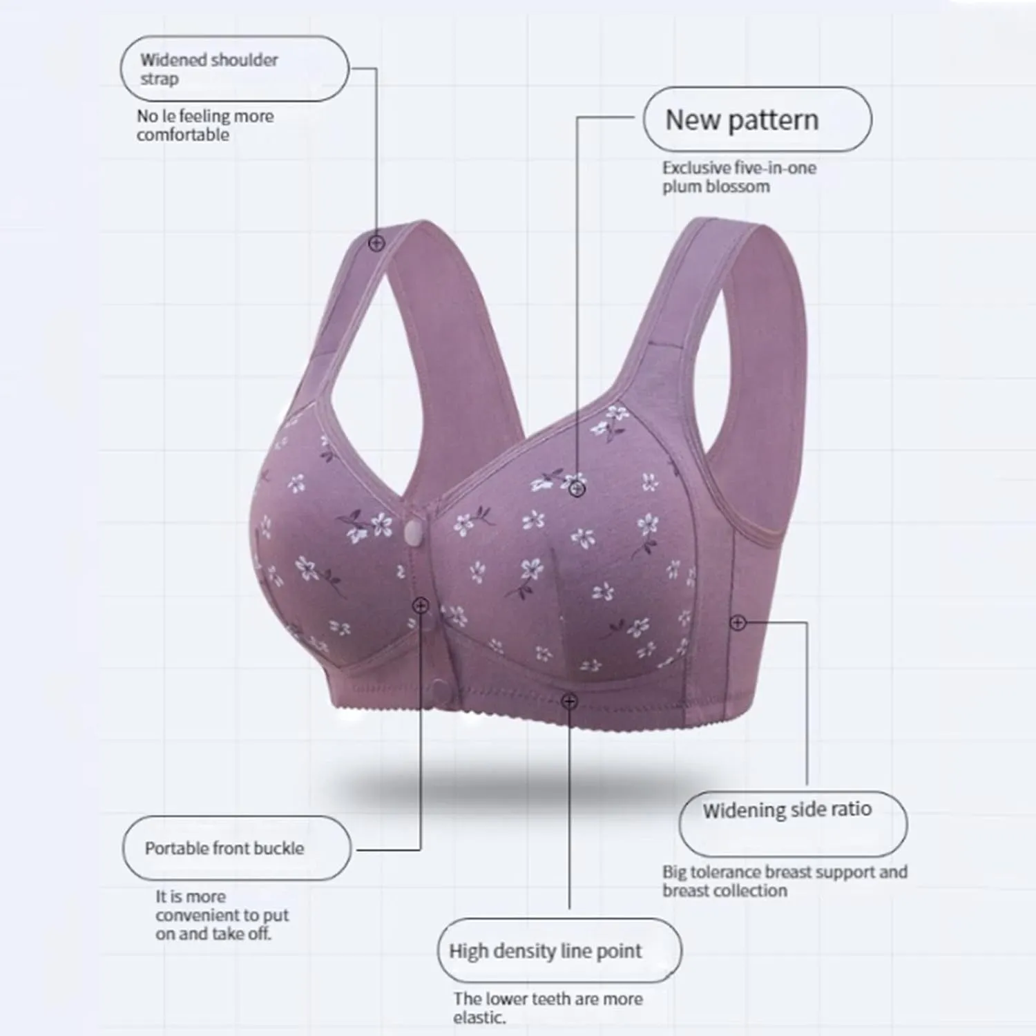Daisy Bras for Older Women,Full Coverage Breathable Everyday Bras,Front Closure No Underwire Push Up Wireless Bra