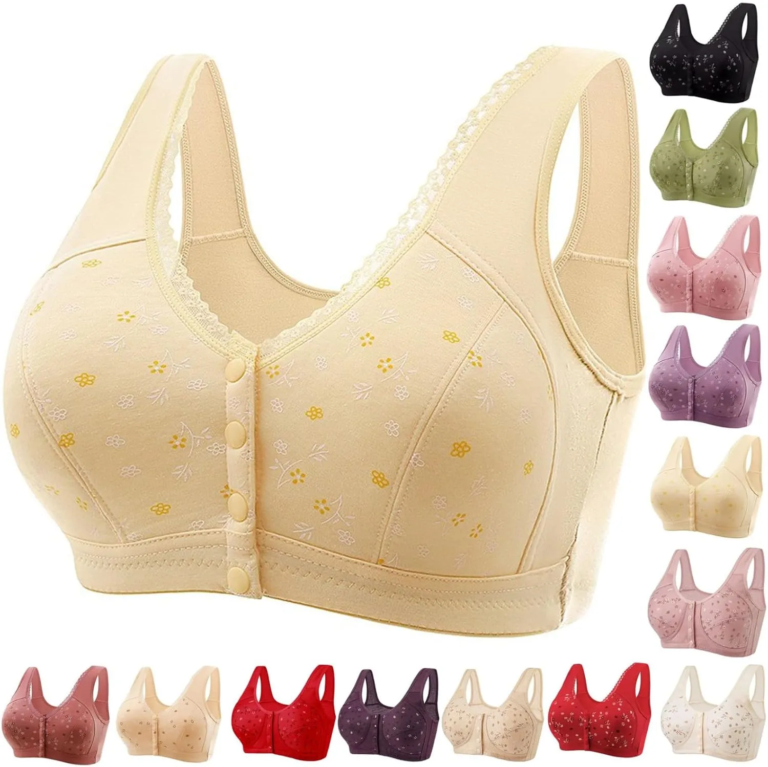 Daisy Bras for Older Women,Full Coverage Breathable Everyday Bras,Front Closure No Underwire Push Up Wireless Bra
