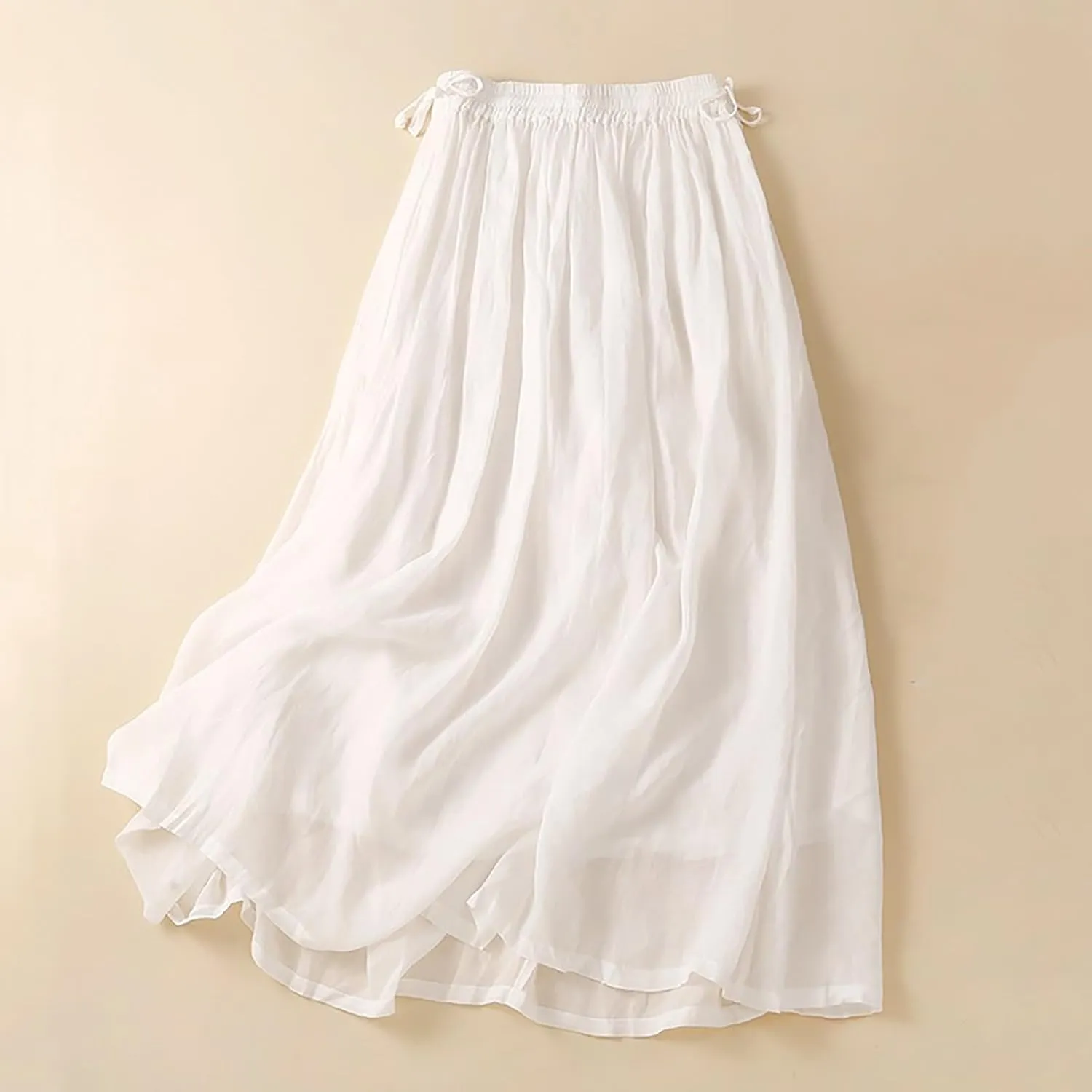 DDAPJ pyju Womens Linen A-line Maxi Skirt Double Drawstring Elastic Waist Flowy Skirts Lightweight Casual Summer Beach Skirts