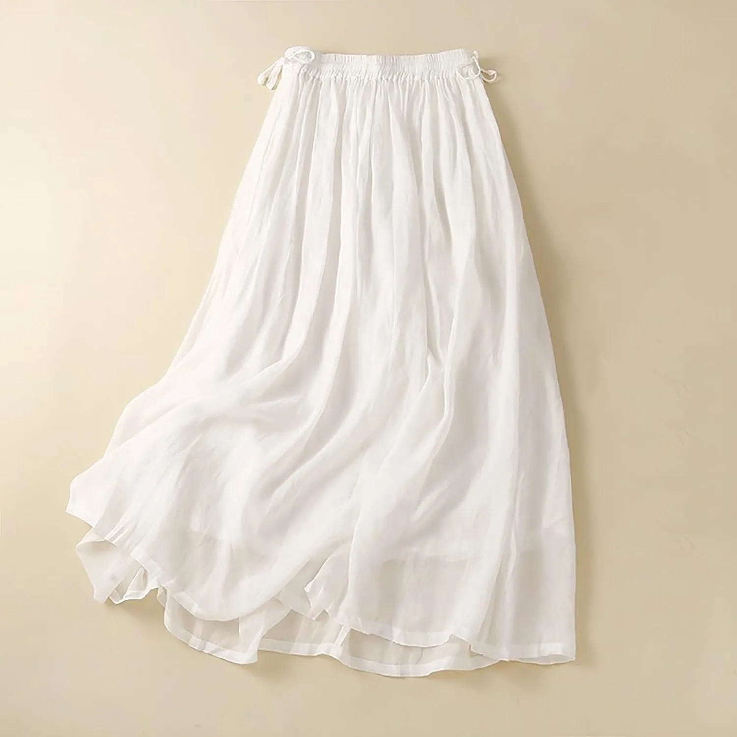 DDAPJ pyju Womens Linen A-line Maxi Skirt Double Drawstring Elastic Waist Flowy Skirts Lightweight Casual Summer Beach Skirts