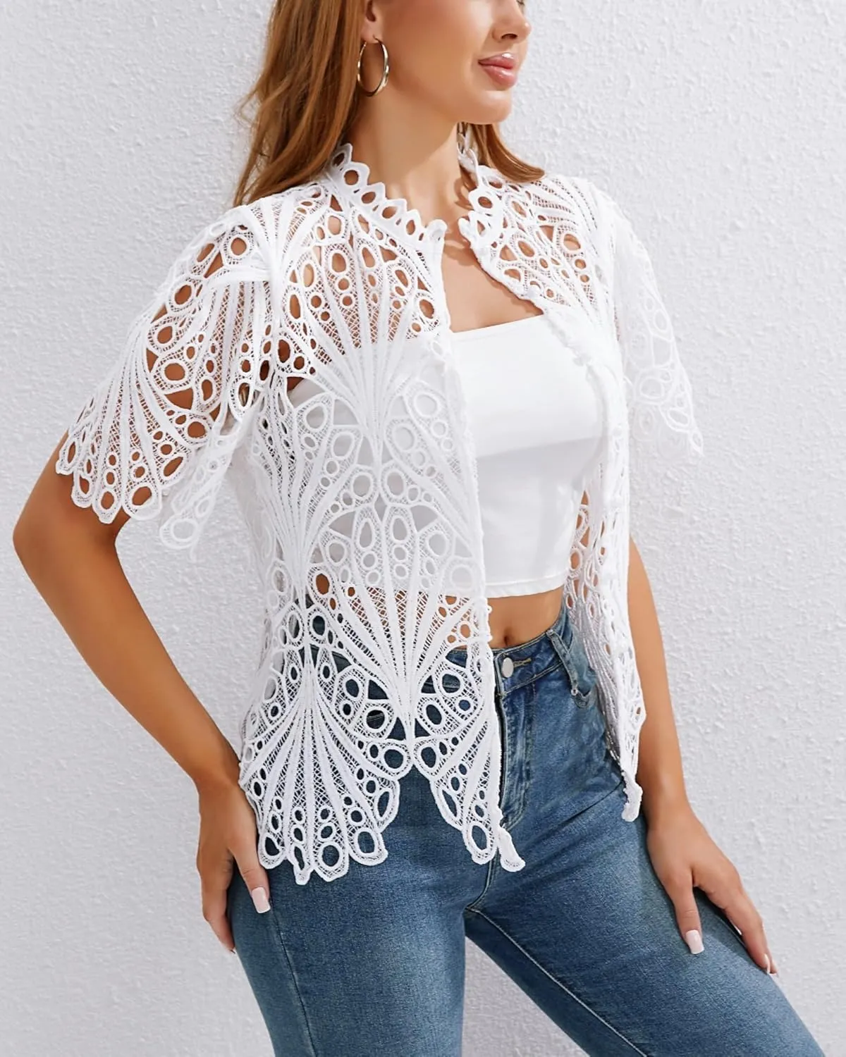 Doweha Women’s Sexy Ruffle Long Sleeve Summer Lace Tops 2025 Puff Flare Shirt V Neck Hollow Out Button Down Tunic Blouses