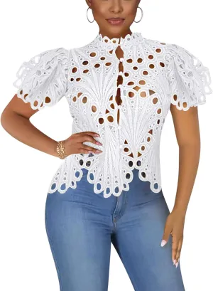 Doweha Women’s Sexy Ruffle Long Sleeve Summer Lace Tops 2025 Puff Flare Shirt V Neck Hollow Out Button Down Tunic Blouses