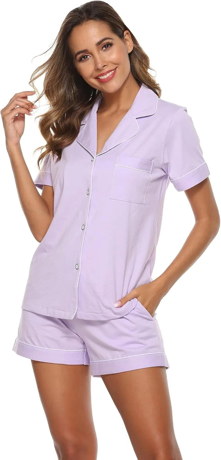 EA'S SECRET Womens Pajamas Set 100% Cotton Soft Short Sleeve Sleepwear Button Down Nightwear Summer Pj Sets S-XXL