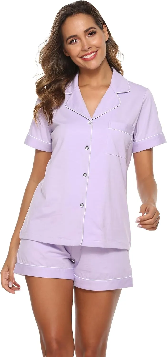 EA'S SECRET Womens Pajamas Set 100% Cotton Soft Short Sleeve Sleepwear Button Down Nightwear Summer Pj Sets S-XXL