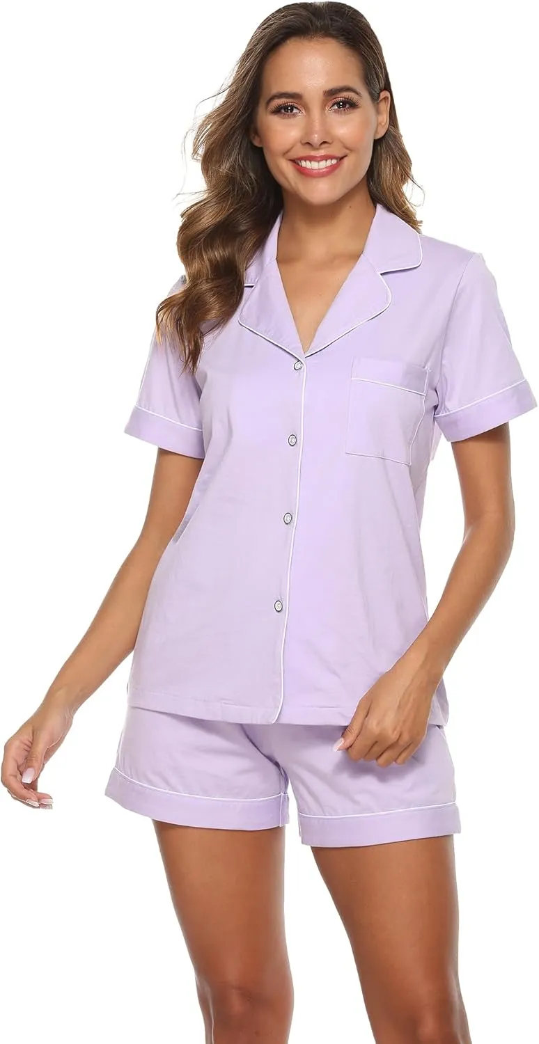 EA'S SECRET Womens Pajamas Set 100% Cotton Soft Short Sleeve Sleepwear Button Down Nightwear Summer Pj Sets S-XXL