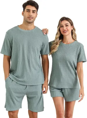 EISHOPEER Matching Pajamas for Couples Ribbed Knit Pajama Short Sleeve Soft Sleepwear 2 Piece Loungewear S-XXL