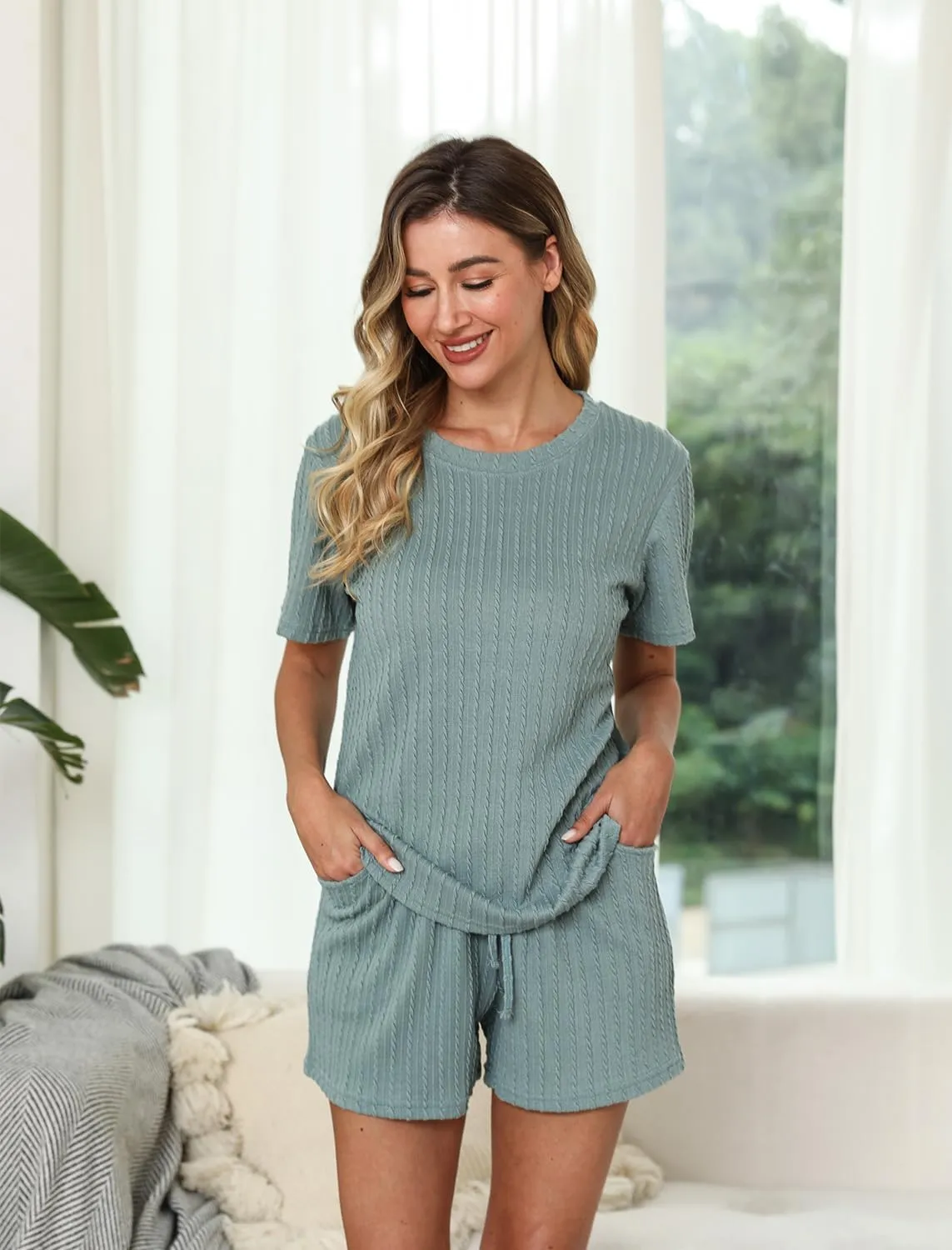 EISHOPEER Matching Pajamas for Couples Ribbed Knit Pajama Short Sleeve Soft Sleepwear 2 Piece Loungewear S-XXL