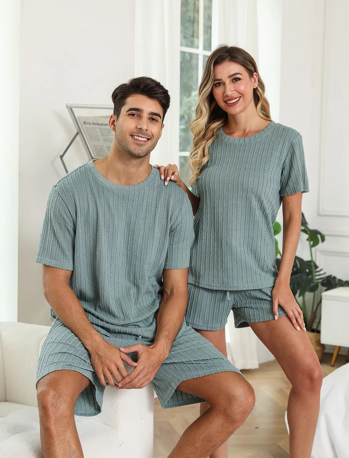 EISHOPEER Matching Pajamas for Couples Ribbed Knit Pajama Short Sleeve Soft Sleepwear 2 Piece Loungewear S-XXL