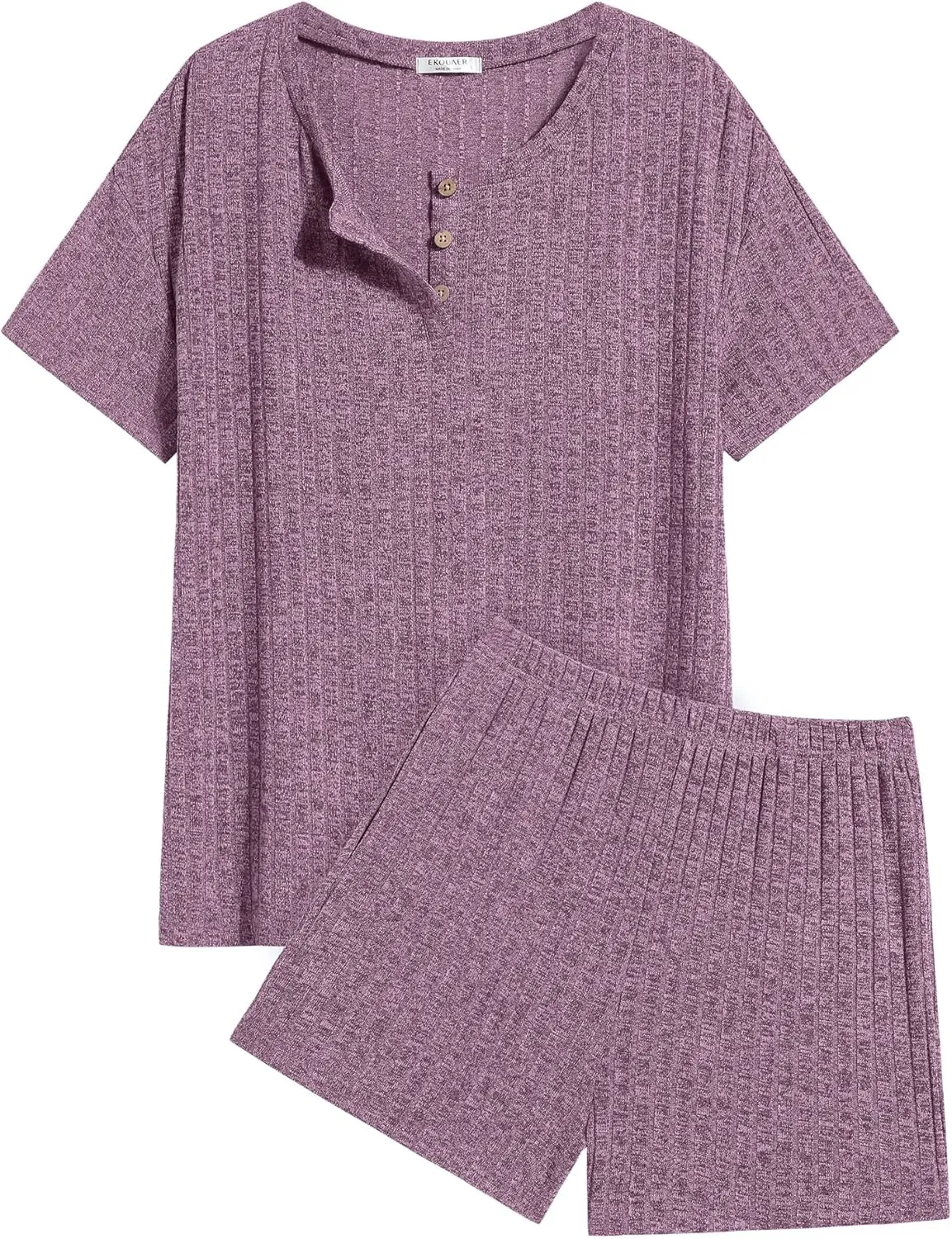Ekouaer Pajama Sets for Women 2 Piece Womens Ribbed Knit Lounge Set Short Sleeve Henley Neck Top and Shorts with Pockets