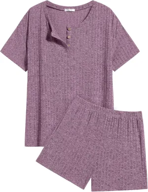 Ekouaer Pajama Sets for Women 2 Piece Womens Ribbed Knit Lounge Set Short Sleeve Henley Neck Top and Shorts with Pockets