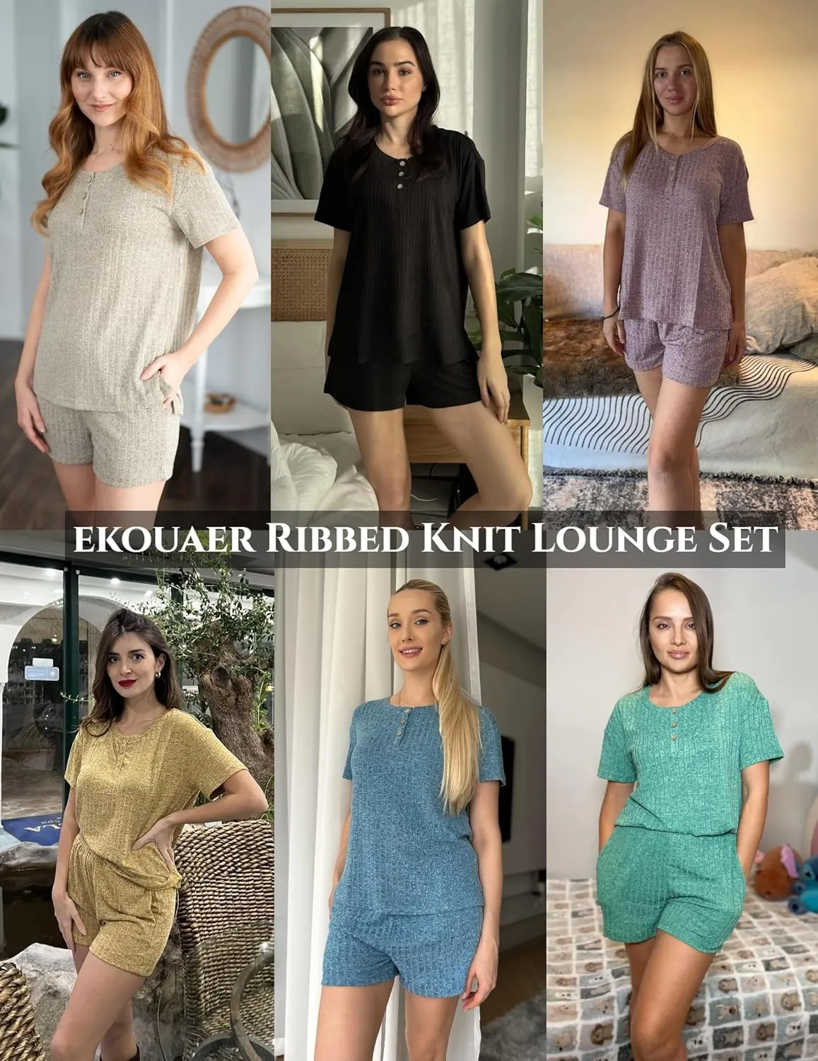 Ekouaer Pajama Sets for Women 2 Piece Womens Ribbed Knit Lounge Set Short Sleeve Henley Neck Top and Shorts with Pockets