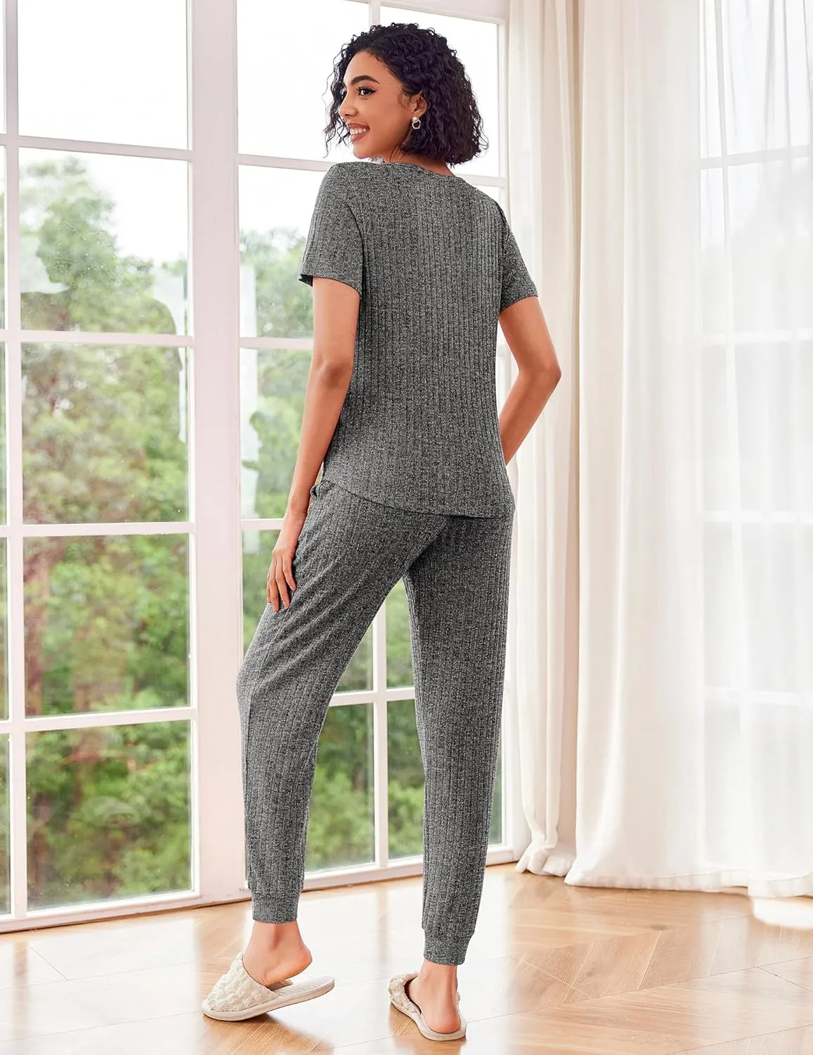 Ekouaer Pajama Sets for Womens Rib Knit Lounge Set Jogger Pants Short Sleeve Sleepwear 2 Piece Outfits Set with Pockets