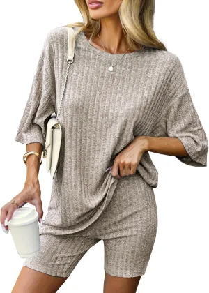 Ekouaer Pajamas 2 Piece Lounge Sets Ribbed Knit Matching Outfits T-shirt Biker Shorts Sleepwear Loungewear Sweatsuits