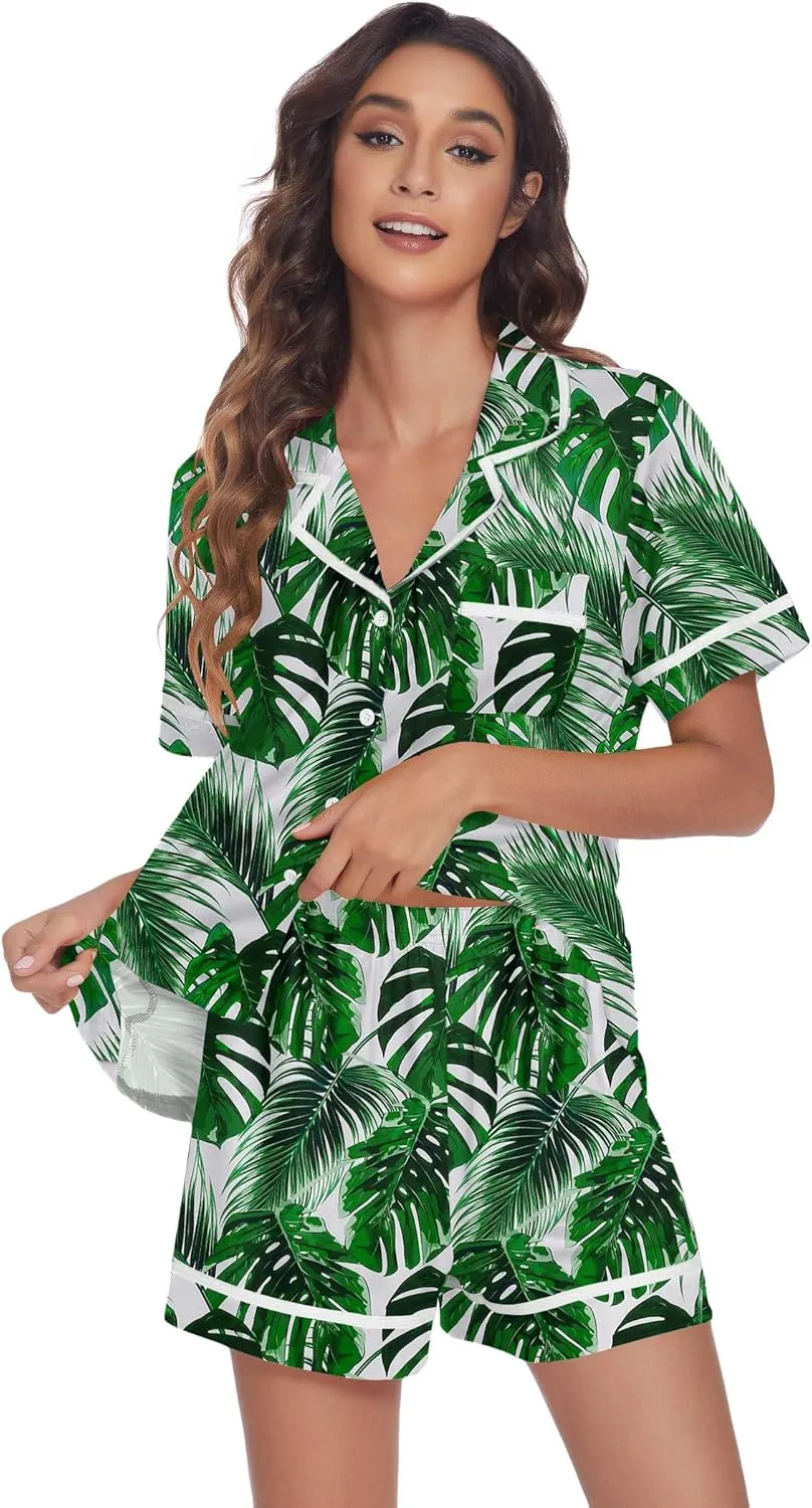 Ekouaer Women's Pajama Sets 2 Piece Short Sleeve Button Down Tops and Pants Pj Set V Neck Sleepwear Loungewear Chest Pocket