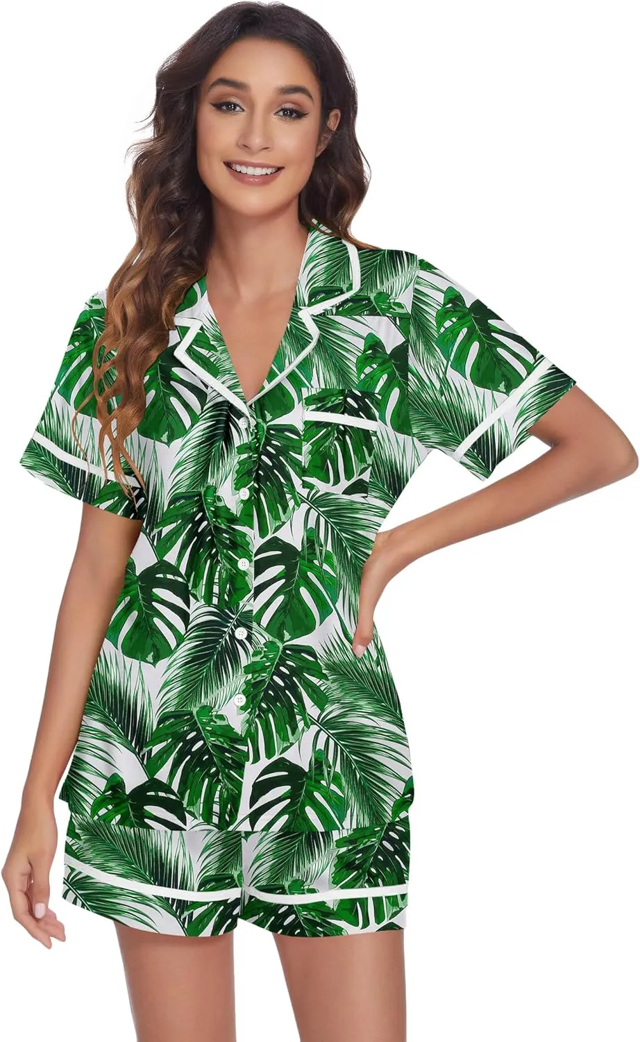 Ekouaer Women's Pajama Sets 2 Piece Short Sleeve Button Down Tops and Pants Pj Set V Neck Sleepwear Loungewear Chest Pocket