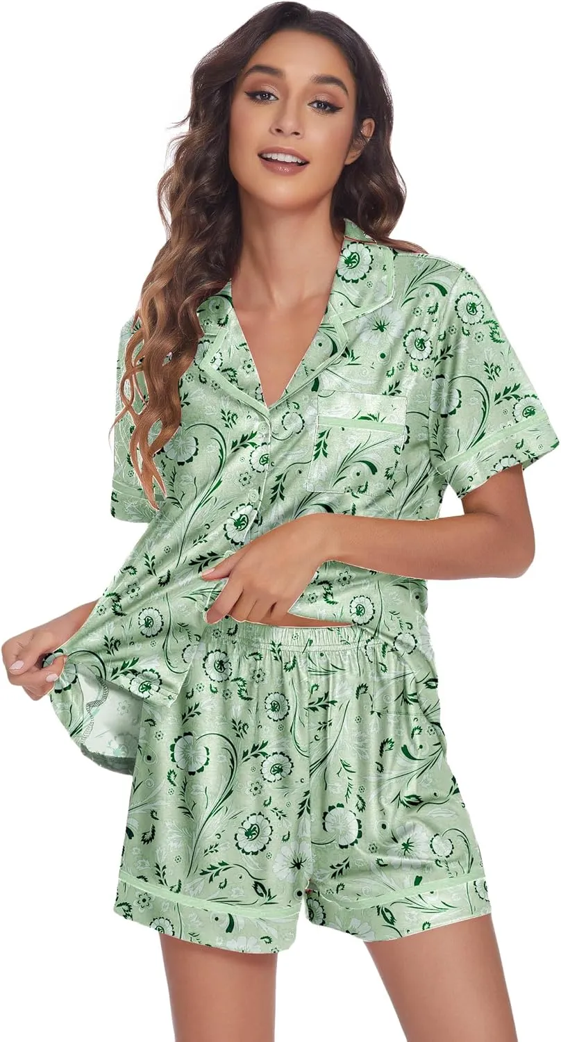 Ekouaer Women's Pajama Sets 2 Piece Short Sleeve Button Down Tops and Pants Pj Set V Neck Sleepwear Loungewear Chest Pocket