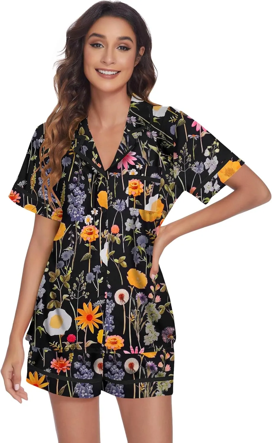 Ekouaer Women's Pajama Sets 2 Piece Short Sleeve Button Down Tops and Pants Pj Set V Neck Sleepwear Loungewear Chest Pocket
