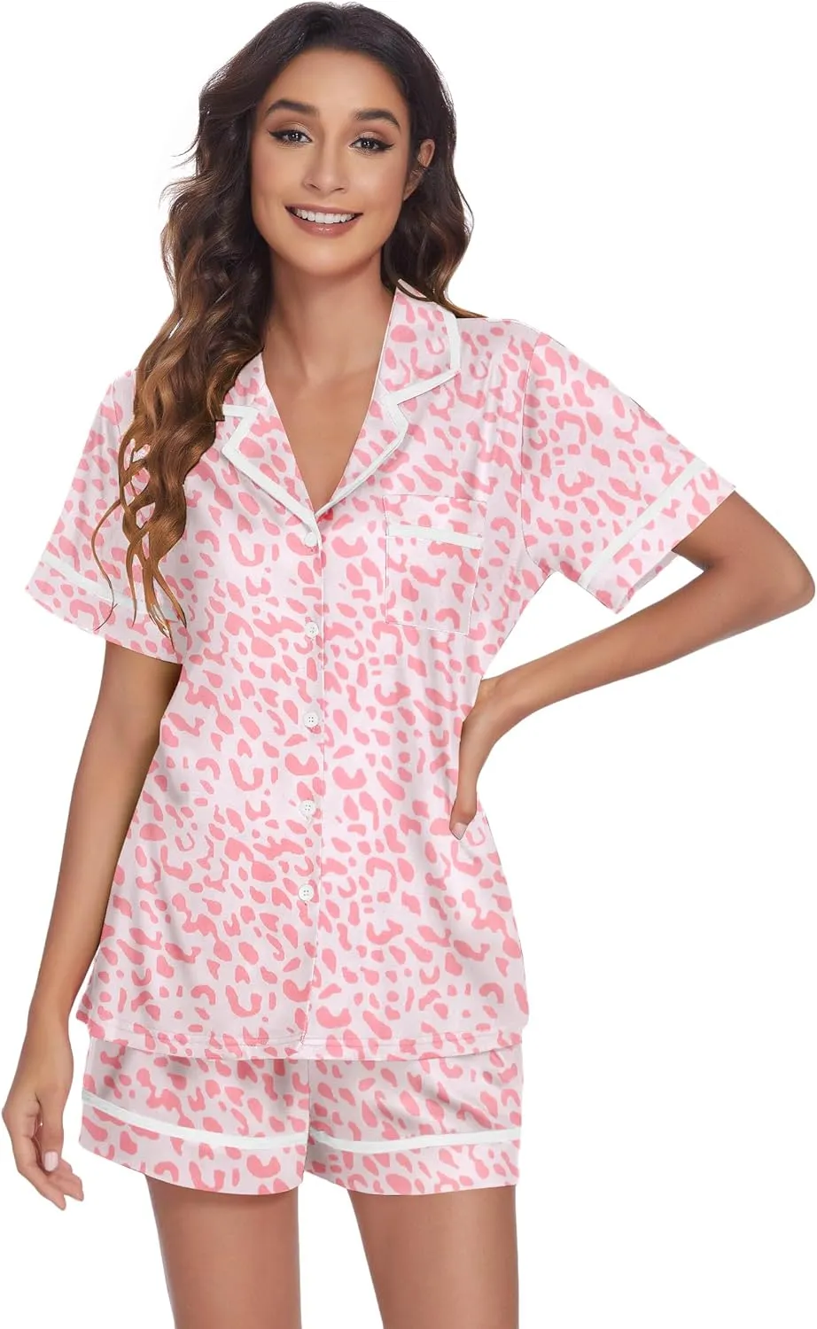 Ekouaer Women's Pajama Sets 2 Piece Short Sleeve Button Down Tops and Pants Pj Set V Neck Sleepwear Loungewear Chest Pocket