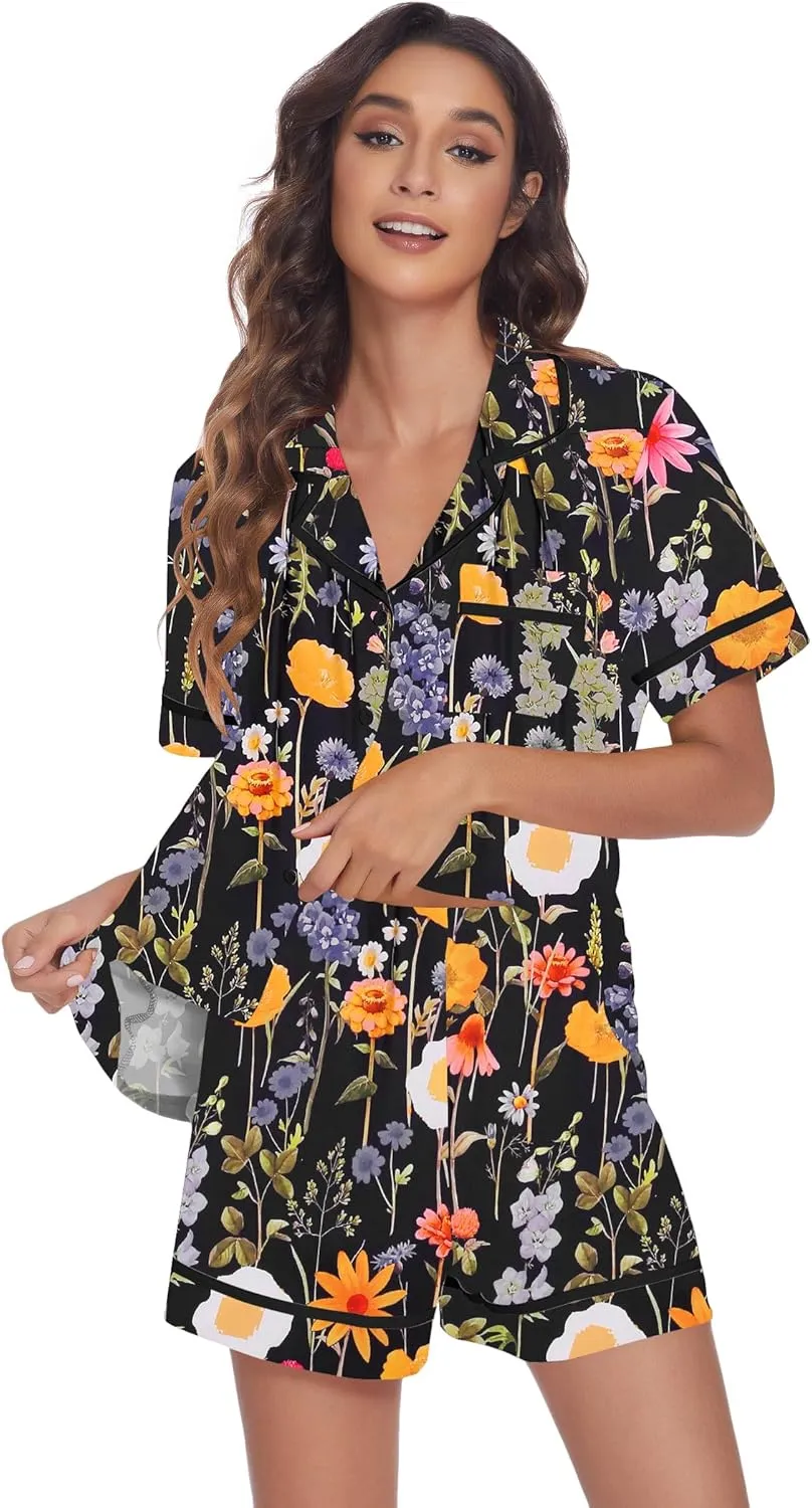 Ekouaer Women's Pajama Sets 2 Piece Short Sleeve Button Down Tops and Pants Pj Set V Neck Sleepwear Loungewear Chest Pocket